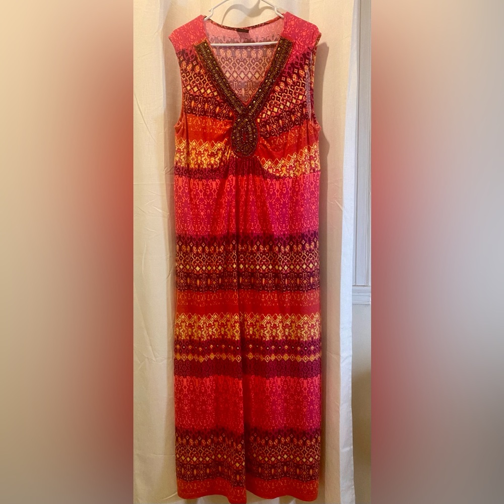 Faded Glory Maxi Dress in Red, Pink & Yellow Tribal Print